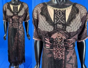 Edwardian Titanic Black Lace Silk Damask Weave Pink Lined Embellished Ball Gown - Picture 1 of 4