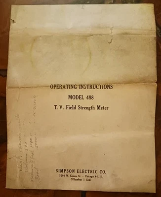 T. V. Field Strength Meter Model 488 Operating Instructions - Simpson Electric - Image 1 of 3