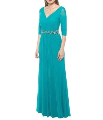 MARINA Turquoise Blue Green Embellished Waist Sheer 3/4 Sleeve Dress Gown 14 US - Image 1 of 4