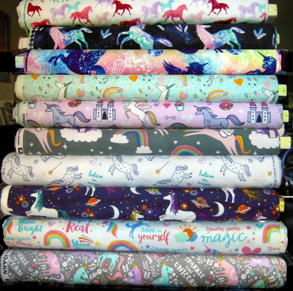 Cotton Flannel Unicorns Pegasus Horses Planets Words Blue Pink Gray FQ HY BTY - Image 1 of 1