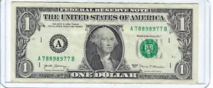 $1 Fancy 2017 TRINARY HIGH SUM (63) Serial Number One Dollar Bill A78898977B - Picture 1 of 3