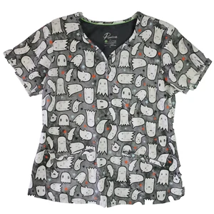 Premier By Healing Hands Womens Size L Ghosts Gray And White Scrub Top Halloween - Picture 1 of 12