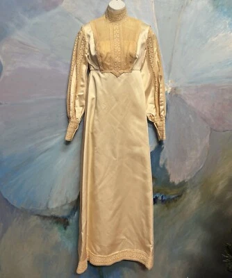 Vtg Mid Century  Peasant Wedding Dress Gown Train Satin Lace Empire Boho Size 0 - Image 1 of 4