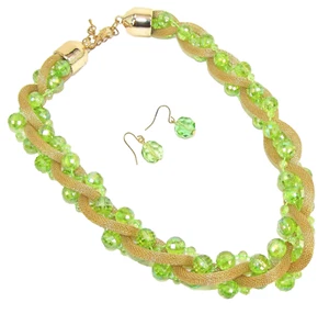 Green and gold necklace and earrings with green beads & gold mesh chain wrapped - Picture 1 of 6