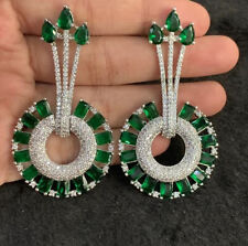 Drop Dangle Engagement Wedding Earrings 14K White Gold 2.32 Ct Simulated Emerald