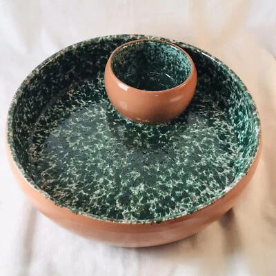 Over And Back Inc Terracotta Chip Dip Bowl Glazed Speckled Green Made in ITALY - Image 1 of 4