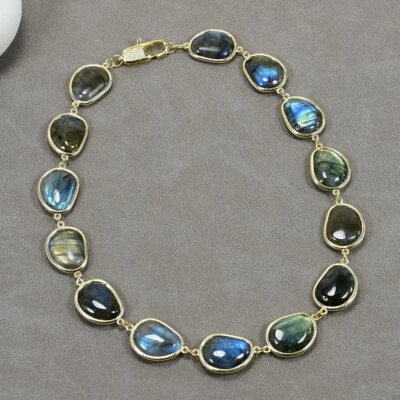 17'' Natural Labradorite Gems Gold Plated Connector Statement Chokers Necklace - Image 1 of 4