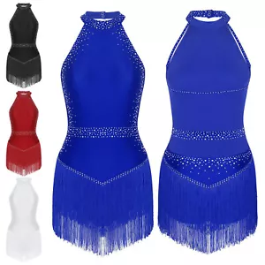 DE Damen Latein Kleid Neckholder Tanzkleid mit Strass Tanz Trikot Fransenkleid - Bild 1 von 46