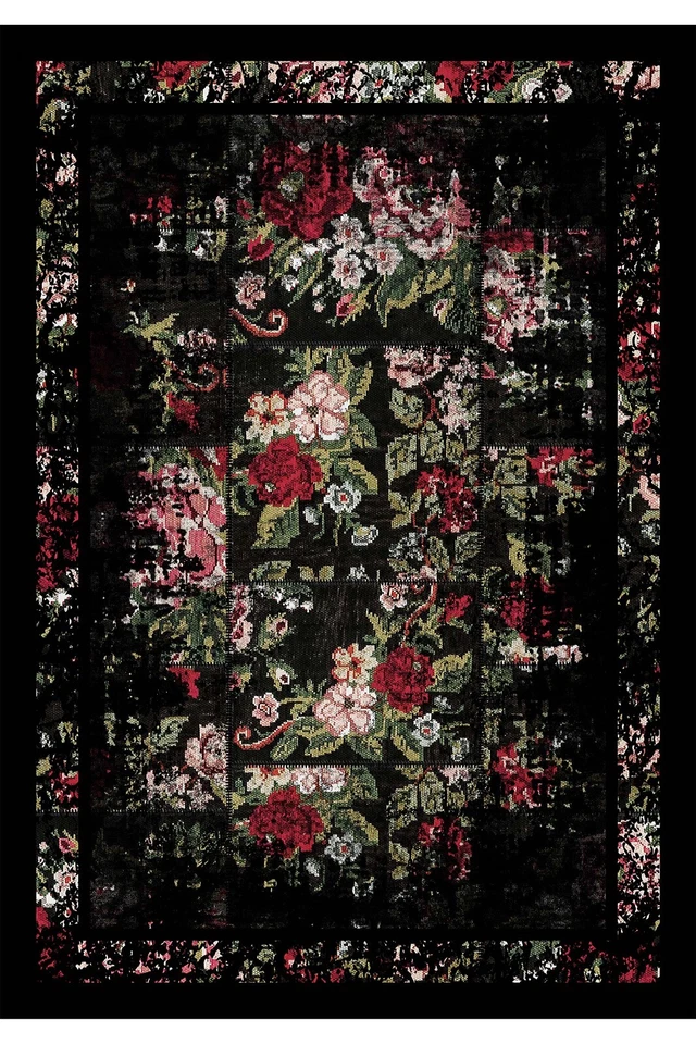 Traditional Rug, Black Rug, Non Slip Washable Area Rug, Rose Theme Floral Carpet - Image 1 of 4