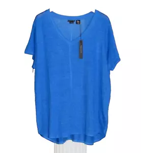 TAHARI Blue 100% Linen V-Neck Short Sleeve Hi-Low Hem Tunic Top Size 3X NWT - Picture 1 of 2