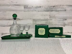 EXCELLENT Vintage Avon Emerald Accent Decanter, Serving Tray & 2 Cordial Glasses