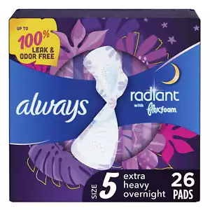 Always Radiant Feminine Pads, Size 5 Extra Heavy Overnight, with Wings, 26 CT - Picture 1 of 5