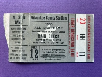 Boleto de béisbol All Star 1955 en el estadio del condado de Milwaukee. Musial Walk off. Foto 1 de 2