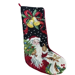 Rara calza ad ago vintage con Babbo Natale e albero con campane di renna 19” L - Foto 1 di 5