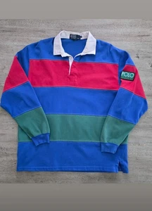 Vintage 90s Polo Sport Ralph Lauren Striped Cut & Sew Rugby Shirt M Multicolor  - Picture 1 of 10