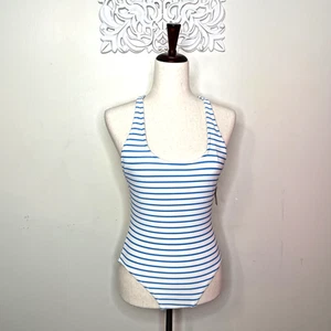 GAP Women's sz MEDIUM 1-piece SWIMSUIT Cross Back Straps WHITE with BLUE Stripes - Picture 1 of 18