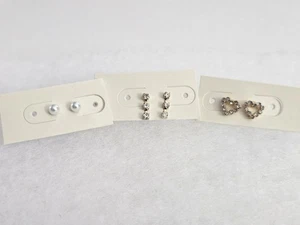 3 Pairs of New Stud Earrings Nickel Free Gold Tone CZ Hearts Faux Pearls - Picture 1 of 7