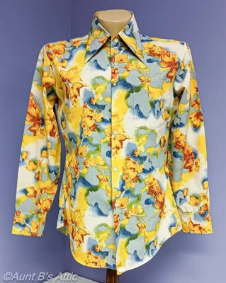 Vtg 70s Blue/Gold Leaf Print Disco Shirt Wide Collar Poly Wide Collar Shirt L/XL - Image 1 of 4