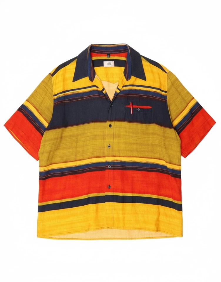 ALBA MODA Mens Short Sleeve Shirt XL Yellow Striped Viscose CK07 - Image 1 of 4