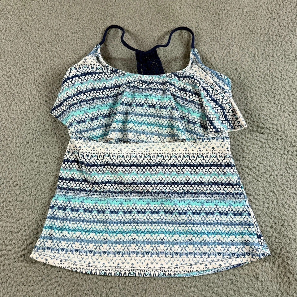 Tankini de natación forrado con almohadillas removibles geométricas de ganchillo M azul blanco para mujer Foto 1 de 4