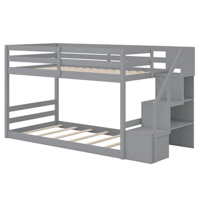 Twin Over Twin Low Bunk Bed Solid Wood Floor Bunk Bed Frame with Storage Stairs - Image 1 of 4