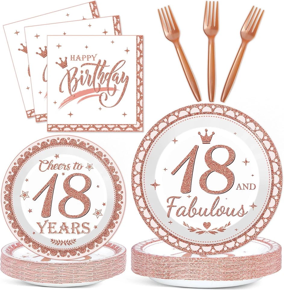 Platos y servilletas de papel de oro rosa para mujer decoraciones de 18 cumpleaños 96 un. Foto 1 de 4