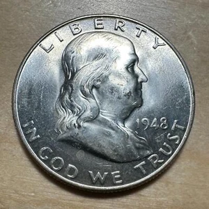 1948-D Franklin Half Dollar 50¢ - Raw BU Cartwheel Luster & Great Original Color - Picture 1 of 2