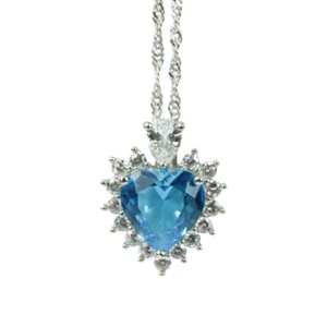 WHITE GOLD FINISH Created Diamond Blue Topaz Classic Heart Cut Cluster Pendant - Picture 1 of 6