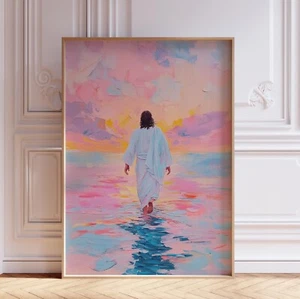 Stampa artistica da parete rosa ragazza religiosa cristiana Gesù Cristo che cammina sull'acqua - Foto 1 di 6