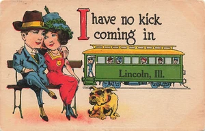 COMIC POSTCARD LINCOLN IL FOLKS WAIT FOR STREETCAR WITH DOG 1914 102223 S - Picture 1 of 2