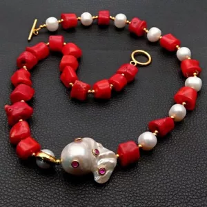 "Collar rojo coral blanco perla blanco blanco Keshi perla cz colgante pavimento 21" - Imagen 1 de 5
