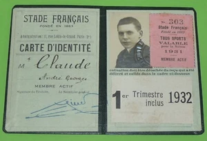 RARE JOLIE CARTE IDENTITE MEMBRE ACTIF DU STADE FRANCAIS 1931-1932 SPORTS - Imagen 1 de 3