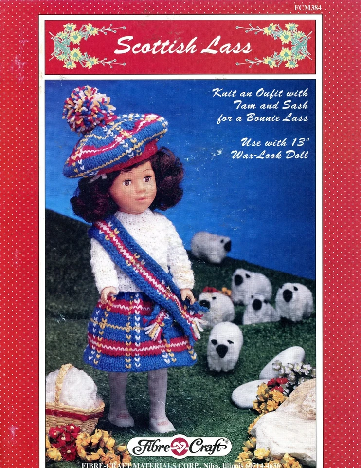 Fibre Craft KNITTING PATTERN FCM384 Scottish Lass Outfit for 13" Wax Look Doll - Image 1 of 1