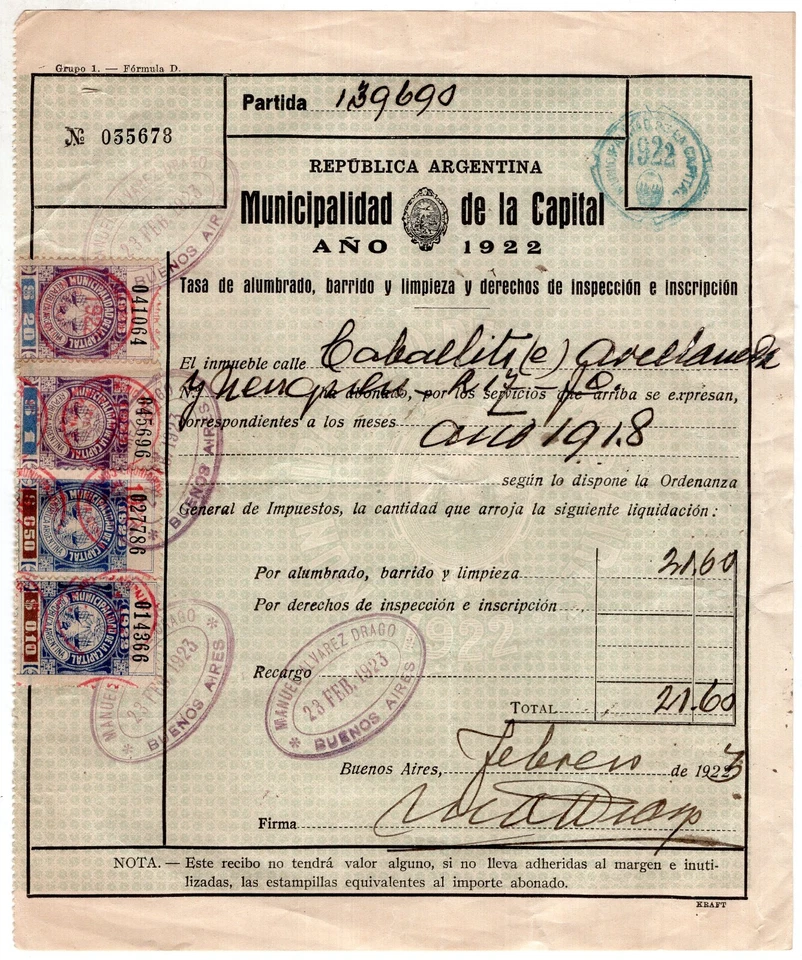 ARGENTINA, BUENOS AIRES, 1922, TAX W/4 REVENUES - Image 1 of 1