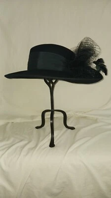 vtg DEBORAH New York sz 6.5 Black Wool 16" Brim Wool Bowler Hat Netting Flowers  - Image 1 of 4
