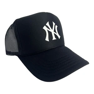 NEW YORK YANKEES BLACK CAP HAT 5 PANEL HIGH CROWN TRUCKER SNAPBACK VINTAGE - Picture 1 of 3