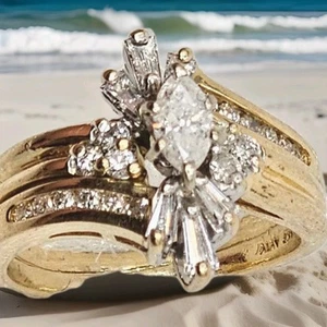 Natural Diamond marquise .50tcw bridal set wedding ring 14k/Y~GOLD 6.5 Grms,Sz-6 - Picture 1 of 7