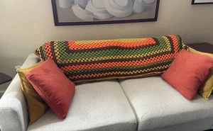 Vtg Afghan Throw Blanket Crochet Hand Knit Bright Colors Orange Green - Picture 1 of 5