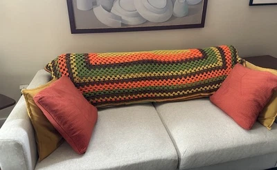 Manta afgana de colección ganchillo tejida a mano colores brillantes naranja verde Foto 1 de 4