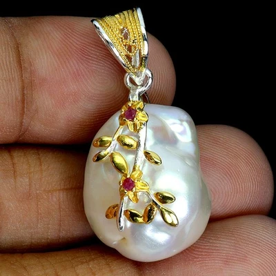 Colgante de plata de ley 925 redondo rubí perla de Myanmar piedras preciosas naturales joyería Foto 1 de 4