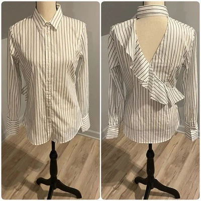 Blusa Banana Republic Riley Talla 4 Blanca Negra Rayas Corte Trasero Volantes Foto 1 de 4