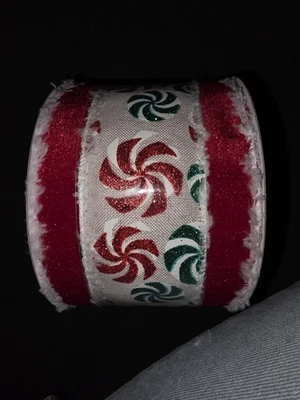 Celebrate it Burlap Look Peppermint Candy Wired Christmas Ribbon 3.5" x 15' New - Image 1 of 3