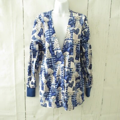 Peaches Scrub Jacket XS White Blue Dalmation Dog Allover Print Groomer Vet - Image 1 of 4
