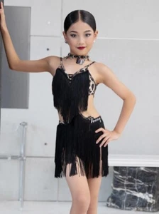 Latin Dance Dress Girls and Children Leopard-print Fringe Style Training Dress - Picture 1 of 24