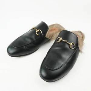 GUCCI Horsebit Princetown Slippers Flat Shoes size 37 Black Leather Gold bit - Picture 1 of 24