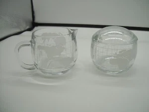 1970s Nestle Glass Sugar Bowl w/ Lid & Creamer Etched World Globe Map - Picture 1 of 6