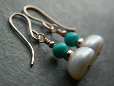 Beautiful White Freshwater Pearls, Turquoise Gems, 14K Rolled Rose Gold Earrings - Image 1 of 4