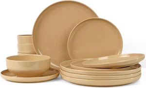 Artworld Camel Skin Solid Color Melamine Dinnerware Sets,12 Pcs Plates and Bowls - Picture 1 of 12