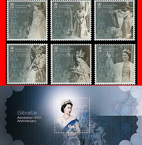GIBRALTAR 2017 QUEEN ACCESSION ANNIV. SET + S/S MNH CV$25.50 /FV£10.36 ROYALTY Cover