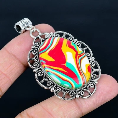 Colgante Hecho a Mano Arco Iris Calsilica 925 Chapado en Plata de 2.56" Foto 1 de 3